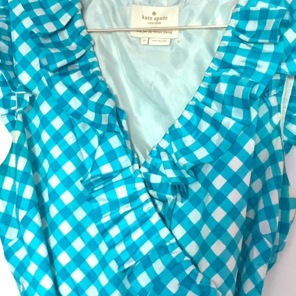 Kate Spade Silk Blue Gingham/Plaid Ruffle Wrap Dress Sz 8 - Picture 4 of 5